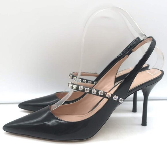Miu Miu Crystal-Strap Pumps Black Patent Leather Size 37.5 Pointed Toe Heels - Picture 7 of 13